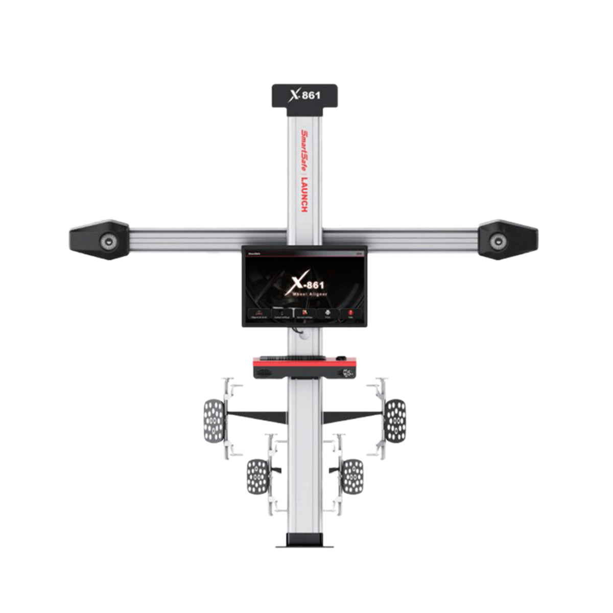 Alineadora 3D LAUNCH X-861 L con sistema fijo, estructura robusta y dianas pasivas sin mantenimiento, incluye pantalla de 19 pulgadas y software de medición de alta precisión para talleres profesionales.