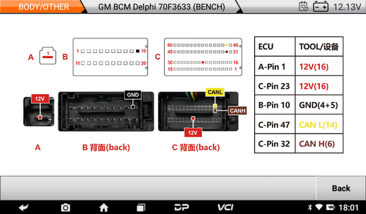OBDSTAR DC706 procedimiento de clonación ECU en modo banco. Conexión detallada de pines CAN, GND y 12V para programación, flasheo y virginización de módulos electrónicos en autos y motos.