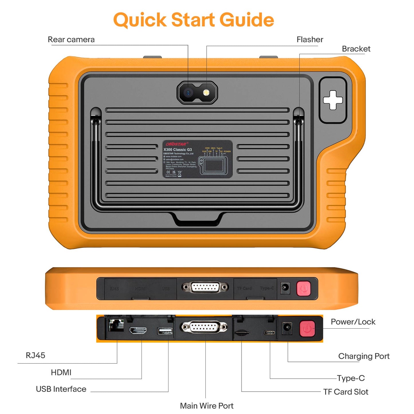 OBDSTAR Key Master G3 vista trasera con puertos HDMI, RJ45, USB y Type-C. Equipo avanzado para programación de llaves, clonación de ECU y diagnóstico automotriz con conectividad completa.