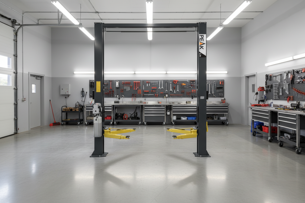 Elevador de 2 postes PEAK 210SAC con portería, 4.5 t, piso despejado y brazos súper asimétricos para autos y camionetas ligeras en taller