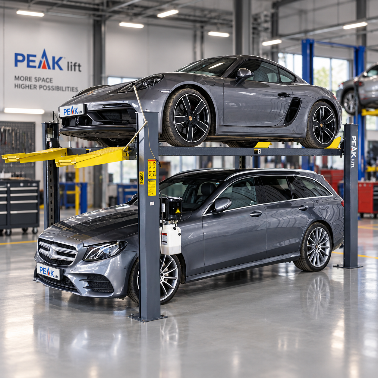PEAK 408-HP elevador de estacionamiento de 4 postes con capacidad de 3500 kg para duplicar espacios de autos en talleres, agencias y cocheras