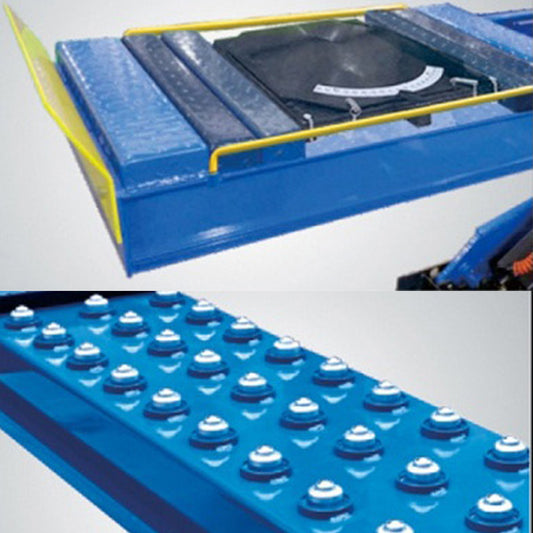Detalle de platos de alineación y rodillos de baja fricción del elevador de tijera PEAK DX-5500A. Rampa para autos diseñada para servicios de alineación 2 y 4 ruedas, con precisión y mínima fricción en movimiento.