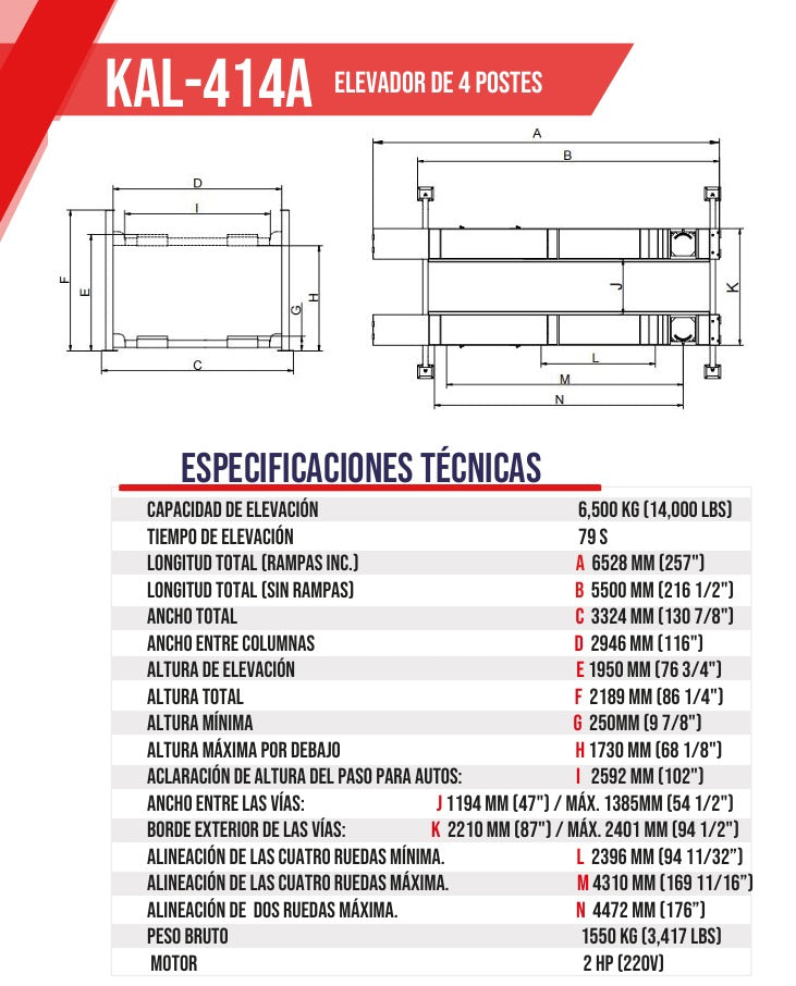 Ficha técnica del elevador de 4 postes PEAK KAL-414A, capacidad 14,000 lb, medidas, dimensiones y especificaciones para alineación automotriz.