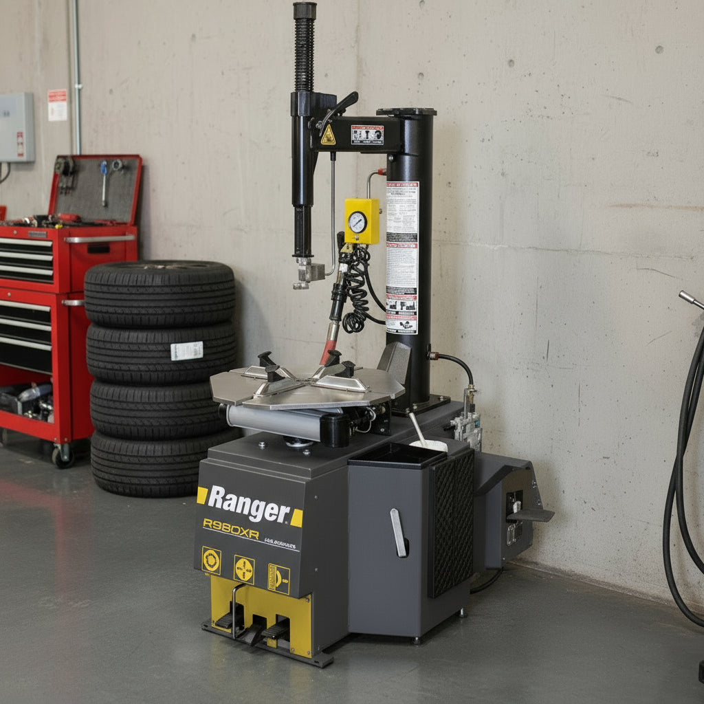 Desmontadora de llantas Ranger R980XR instalada en taller automotriz, con motor 3 HP, alto torque y sistema TurboBlast para asentar talones run-flat sin dañar el rin.