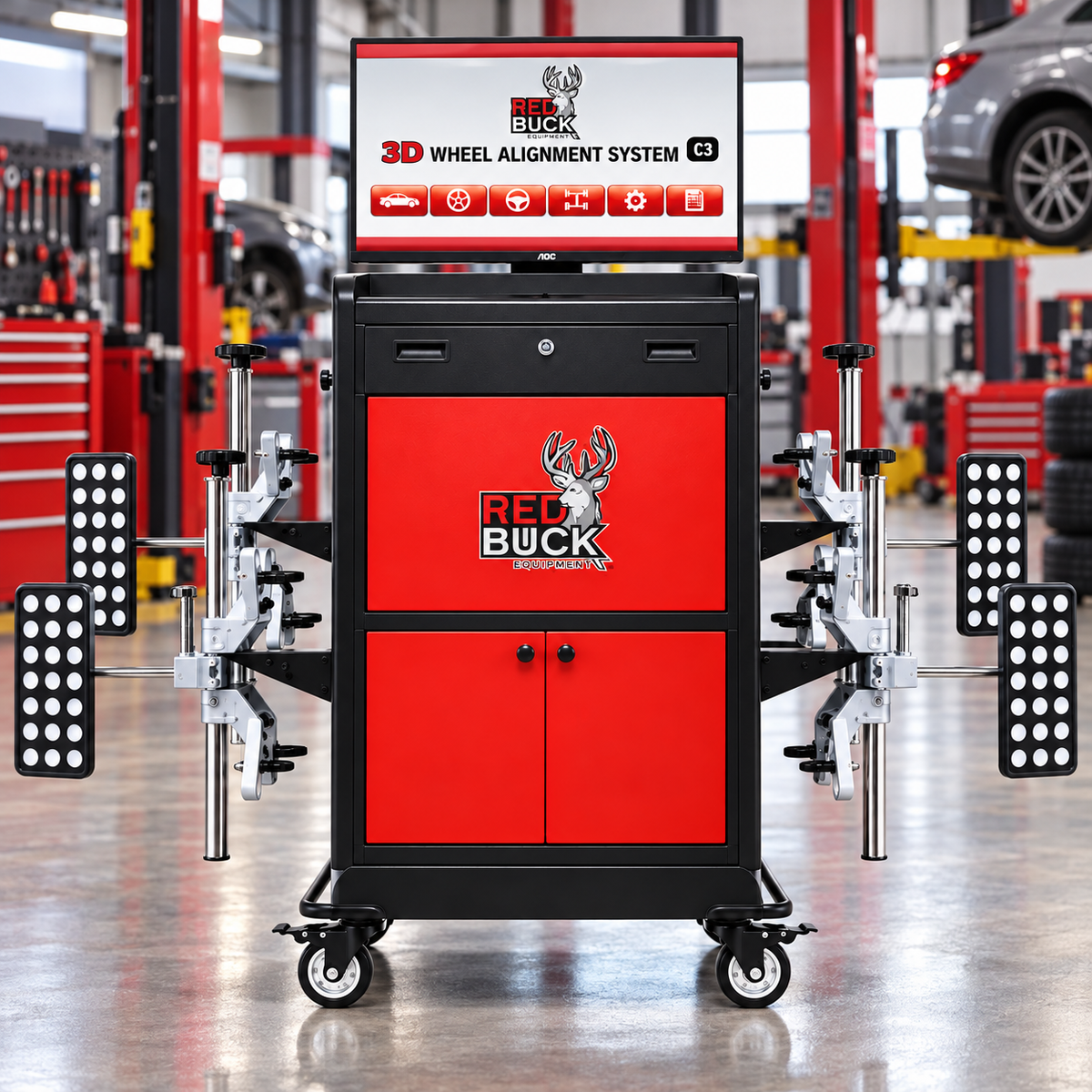 REDBUCK ALC-700 alineadora 3D para camiones y vehículos pesados con medición computarizada de hasta 8 ruedas y monitoreo en tiempo real