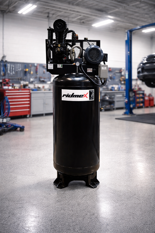 RIDMEX V300205B compresor vertical 300 litros 5 HP en taller, aire comprimido estable para herramientas neumáticas, inflado y servicio automotriz
