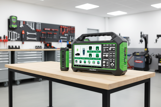 SmartSafe iSmartEV P03 en taller automotriz realizando diagnóstico EV y prueba profesional de paquete de batería con SOC y SOH