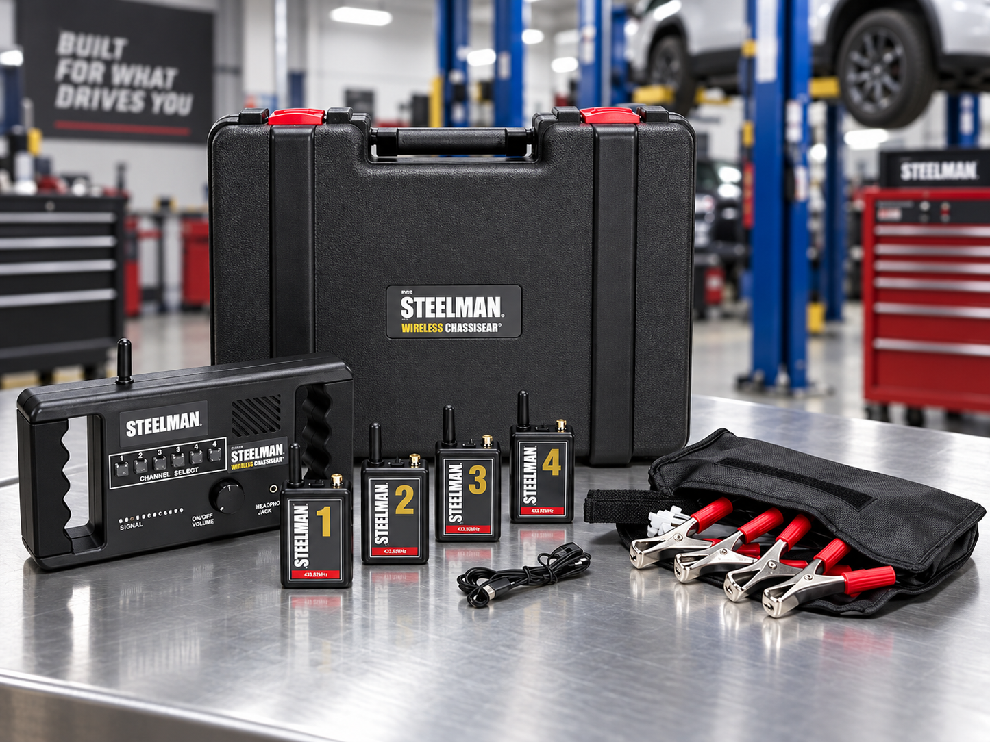 STEELMAN 61082 Wireless ChassisEAR detector de ruidos de chasis inalámbrico con 4 transmisores, receptor, pinzas de micrófono y accesorios para diagnóstico automotriz