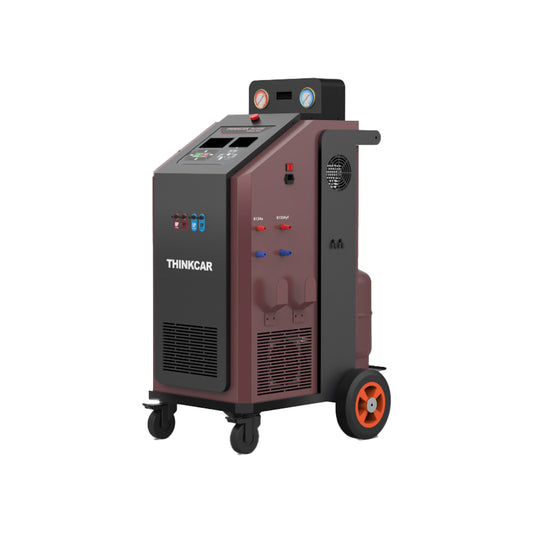 Thinkcar AC200 máquina de recuperación y recarga de aire acondicionado automotriz, compatible con refrigerantes R134a y R1234yf, diseñada para talleres profesionales.