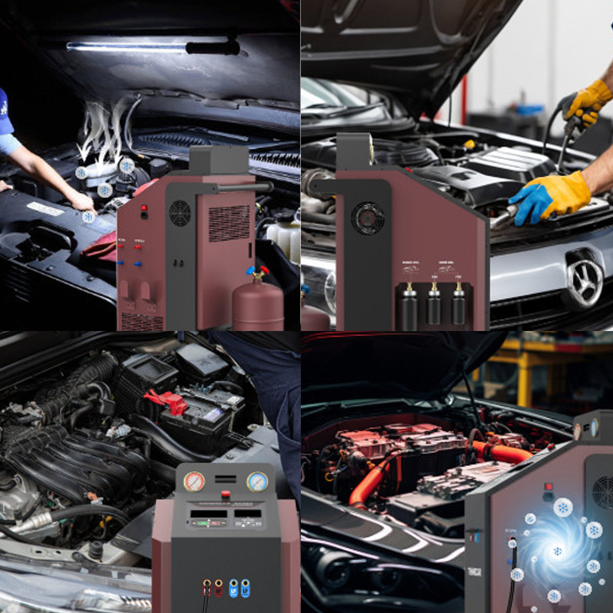 Thinkcar AC200 en operación durante servicio de aire acondicionado automotriz, con proceso automatizado de recuperación, reciclaje y recarga de refrigerante.