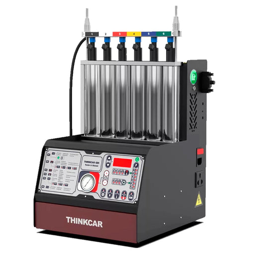 Thinkcar GDI 100 banco de pruebas y limpieza de inyectores con probetas transparentes y panel digital. Simula condiciones reales hasta 9,900 RPM y garantiza uniformidad de rociado.