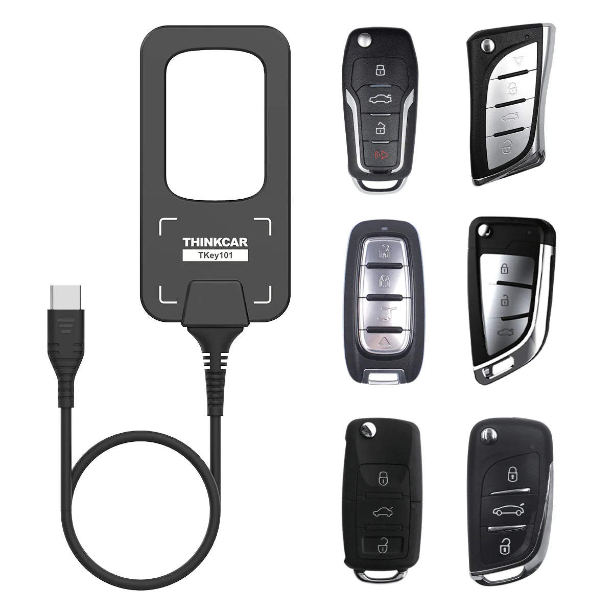 Thinkcar TKEY 101 programador universal de llaves inteligentes con 6 controles remotos incluidos. Generador y programador de transponders (8A, 4D, 4A, 46, 47, 48, 49, MQB48), detección de frecuencia y verificación de antena para cerrajería automotriz profesional.