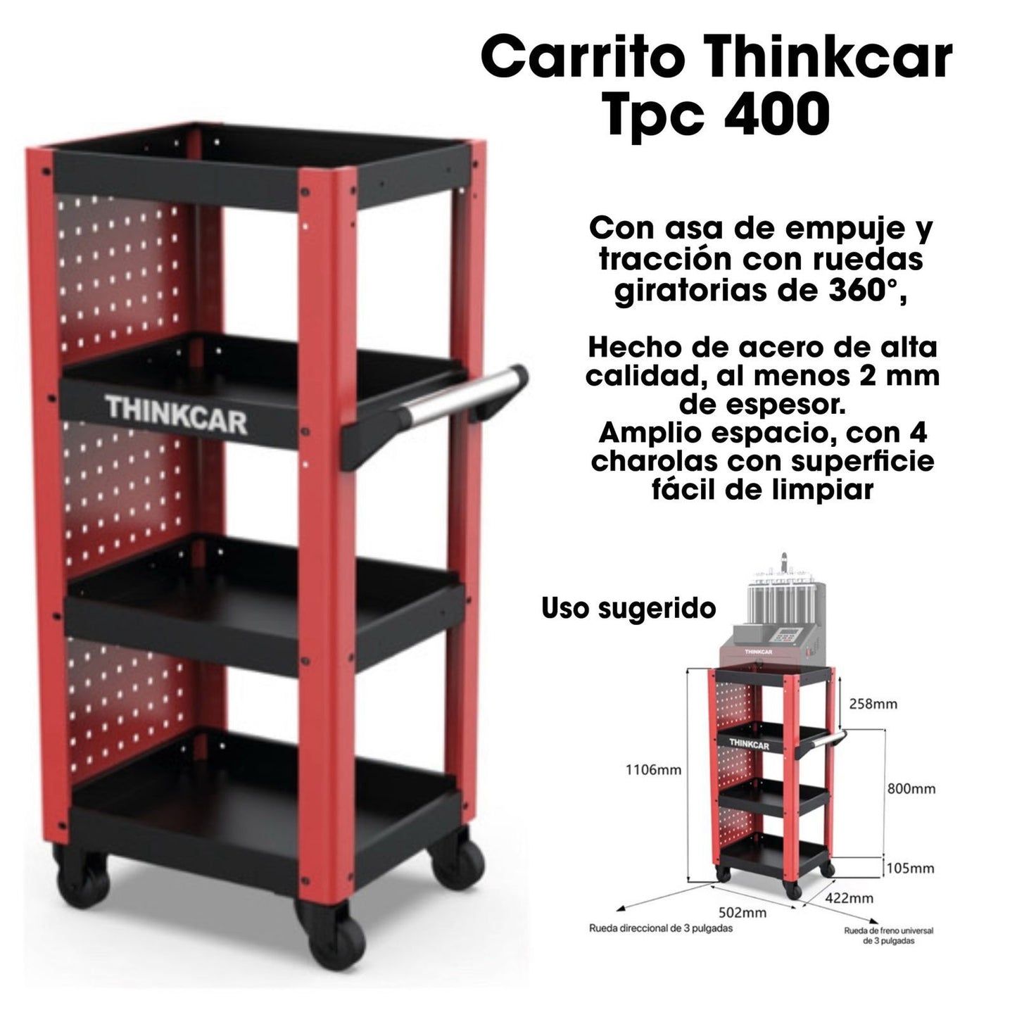 Carrito Thinkcar TPC 400 metálico de 4 niveles con ruedas 360°, diseñado para transportar y organizar el banco de inyectores Thinkcar GDI 100 en talleres automotrices.