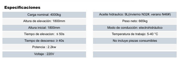 Especificaciones técnicas de la Thinkcar TVL 340: capacidad 4000 kg, altura de elevación 1800 mm, potencia 2.2 kW, voltaje 220V/380V, peso 665 kg y sistema electrohidráulico de alto rendimiento.