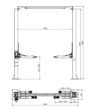 Plano técnico de la rampa Thinkcar TVL 340 con dimensiones y medidas detalladas. Elevador de 2 postes de 4000 kg, diseñado para instalación profesional en talleres automotrices.