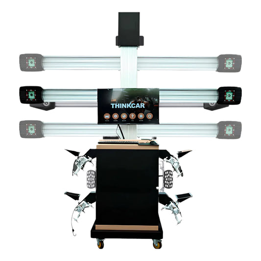 Alineadora 3D THINKCAR TWA-825M con cámara HD de 5 MP, pantalla táctil de 32 pulgadas y gabinete móvil, compatible con rines de 11 a 23 pulgadas y base de datos de más de 60 000 vehículos, ideal para talleres profesionales.