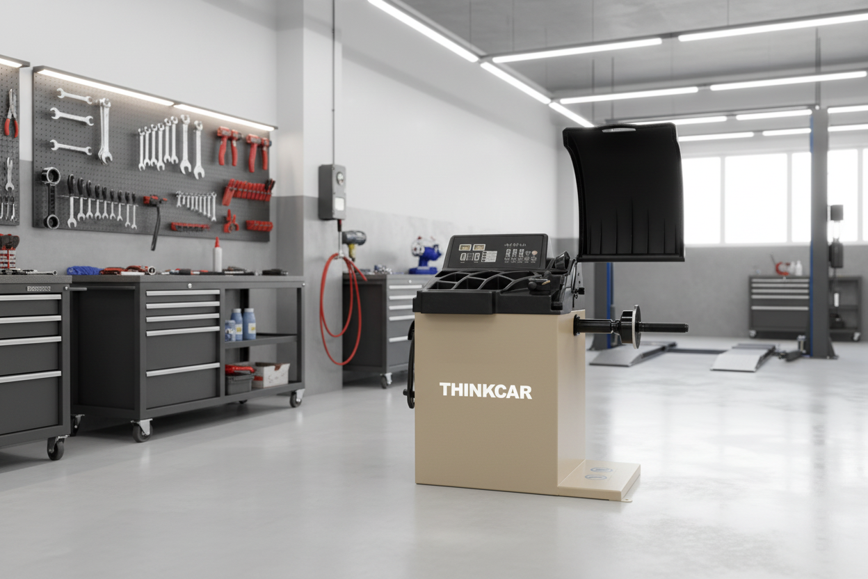 Balanceadora de llantas THINKCAR TWB 501 instalada en taller automotriz para balanceo preciso de ruedas