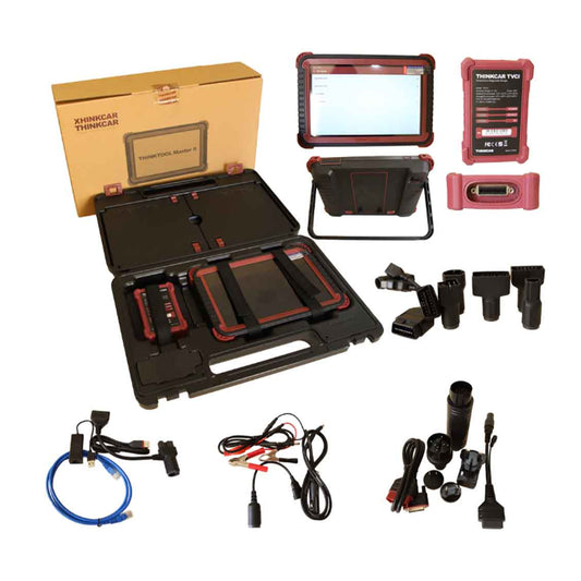 Kit completo THINKTOOL Master II con módulo ThinkDiag HML y accesorios: VCI, adaptadores OBD, cables y maletín. Cobertura 12 V/24 V para vehículos ligeros y pesados.