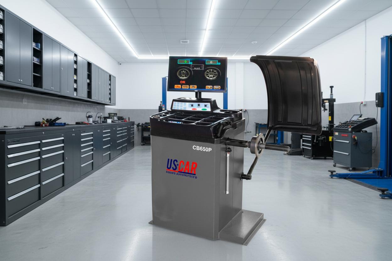 Balanceadora automática USCAR CB650P para auto y camioneta ligera, rin 10”–24”, con inicio automático por capó, frenado electrónico y programas ALU en taller