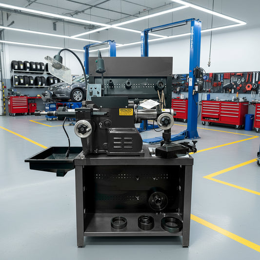 Rectificadora de discos y tambores USCAR CR-8500 instalada en taller automotriz, con servomotores independientes y operación silenciosa para acabados precisos.