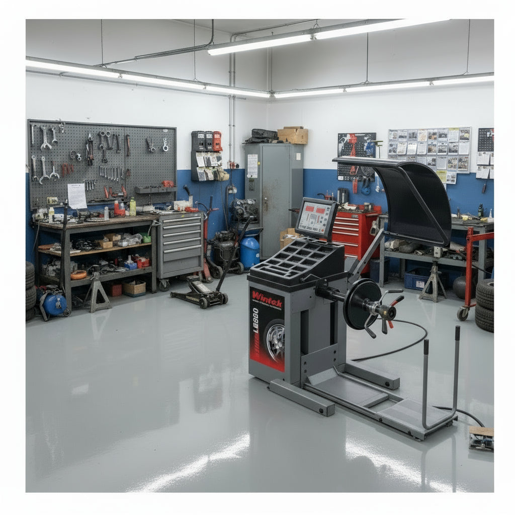 Balanceadora profesional Wintek LB860 instalada en taller automotriz, con capota y elevador neumático para balanceo de llantas de auto y camión.