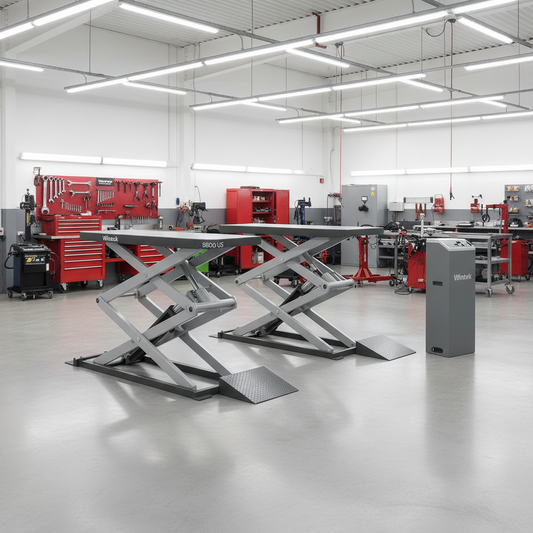 Rampa tipo tijera Wintek RLS008 de 3.6 toneladas instalada en taller automotriz, elevador de bajo perfil para frenos, suspensión y mecánica general.