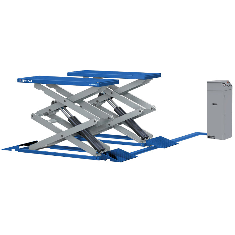 Rampa tipo tijera Wintek RLS008 capacidad 3.6 toneladas modelo catálogo, sistema electrohidráulico sincronizado para talleres automotrices.