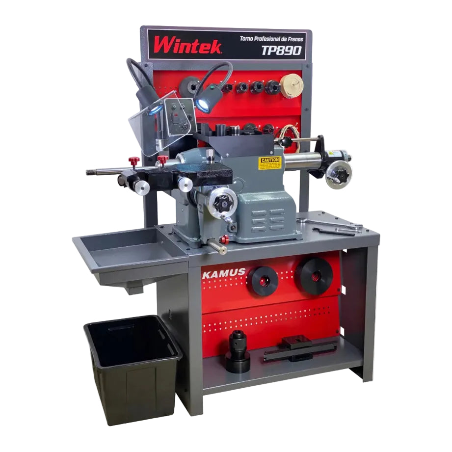 Wintek TP890 torno profesional automático para discos y tambores de freno. Máquina robusta con servomotores eléctricos, velocidad variable, iluminación LED y banco reforzado, ideal para talleres de frenos y mecánica automotriz.