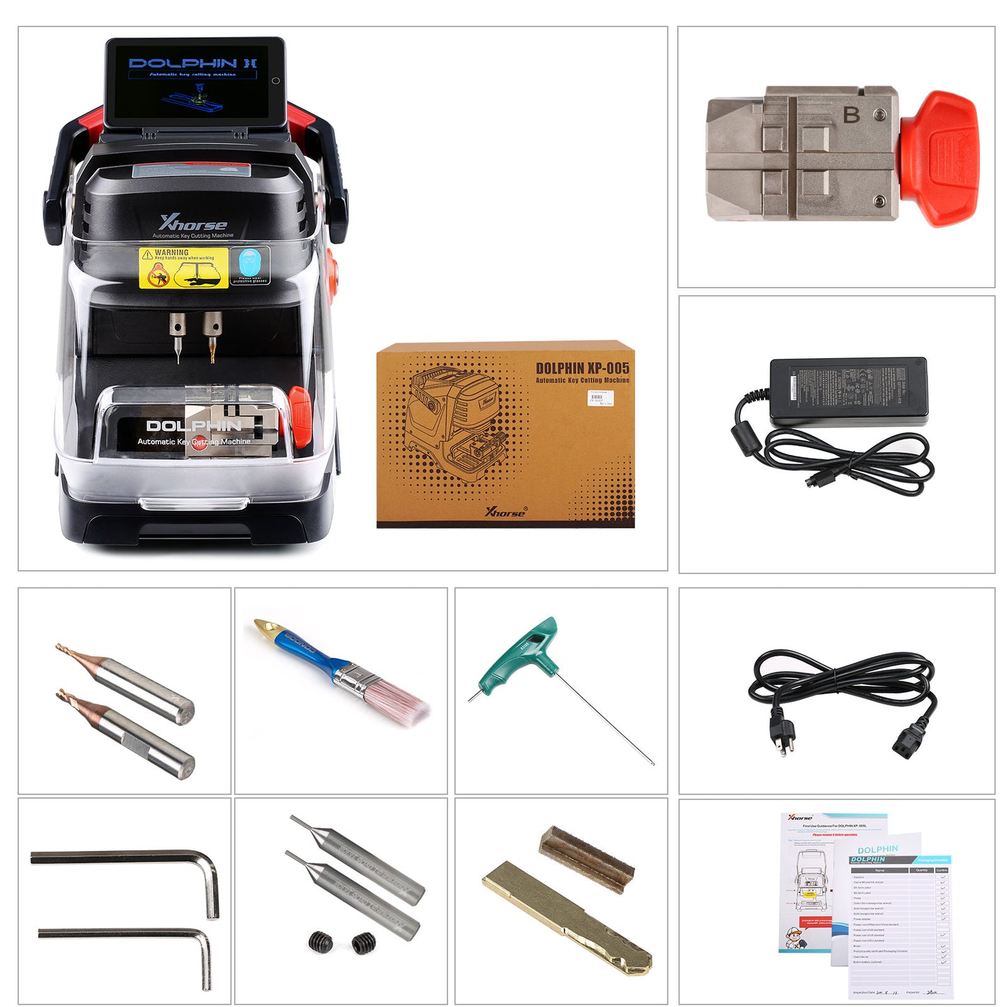 Kit completo Xhorse Dolphin II XP-005L con máquina cortadora de llaves, mordaza M5, cortadores, sonda y accesorios para cerrajería automotriz