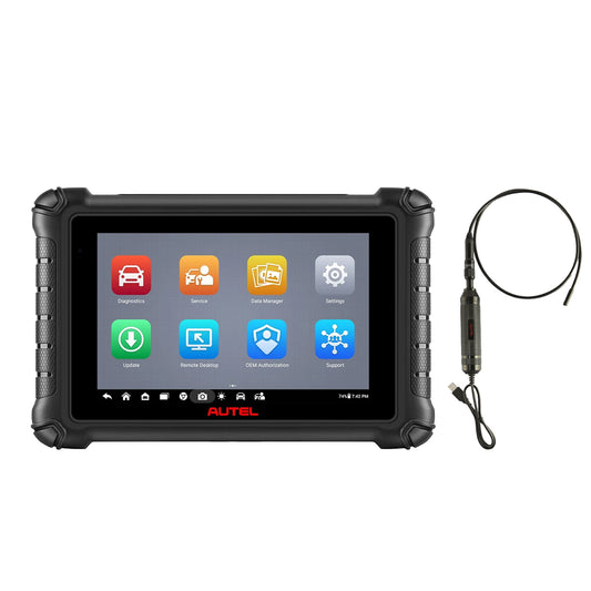 Escáner automotriz Autel MaxiCheck MX900 profesional bidireccional con pantalla táctil de 8 pulgadas y cámara endoscópica incluida para diagnóstico avanzado.