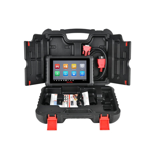 Autel MaxiCheck MX900 escáner automotriz profesional dentro de su maleta de transporte con cable OBDII conectado y accesorios incluidos.