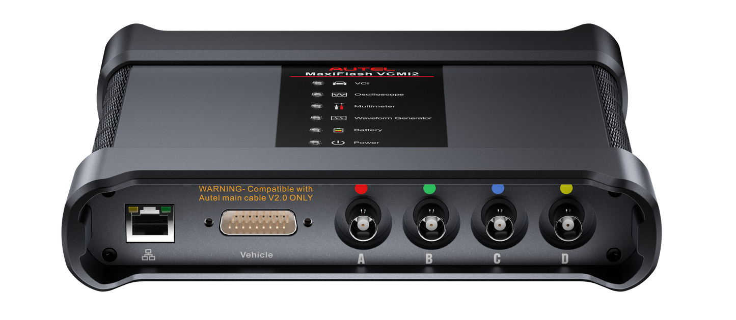 Autel MaxiFlash VCMI2 conectores: Ethernet, puerto de vehículo y entradas A B C D para funciones de comunicación, osciloscopio y medición