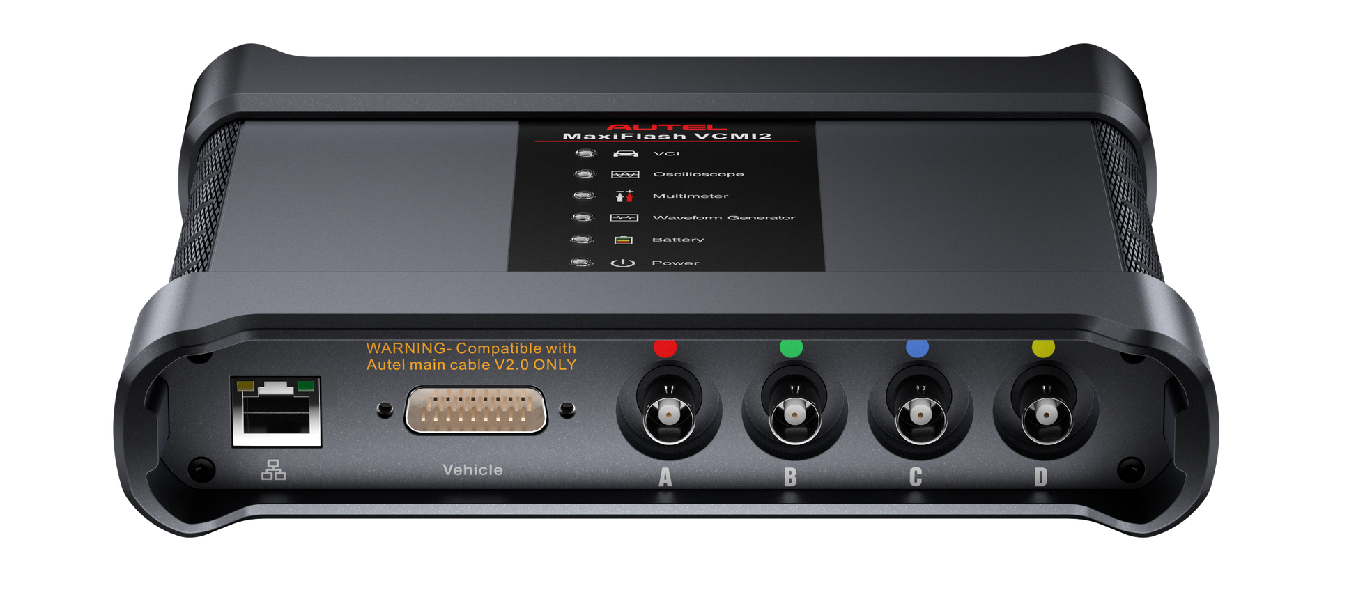 Autel MaxiFlash VCMI2 conectores: Ethernet, puerto de vehículo y entradas A B C D para funciones de comunicación, osciloscopio y medición