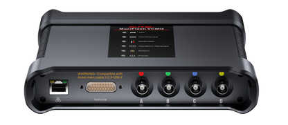 Autel MaxiFlash VCMI2 conectores: Ethernet, puerto de vehículo y entradas A B C D para funciones de comunicación, osciloscopio y medición