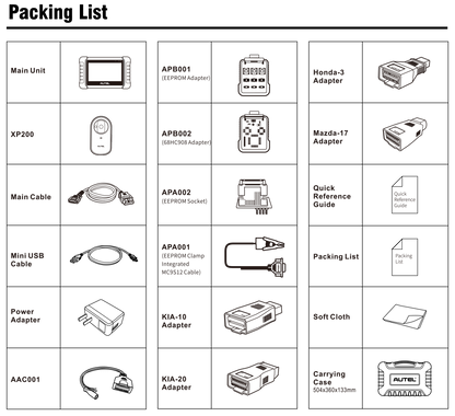 Contenido del paquete Autel MaxiIM IM508S: tablet de diagnóstico, programador XP200, adaptadores OBD, cables, conectores, guías rápidas y maletín de transporte. Completo para programación de llaves y diagnóstico avanzado.