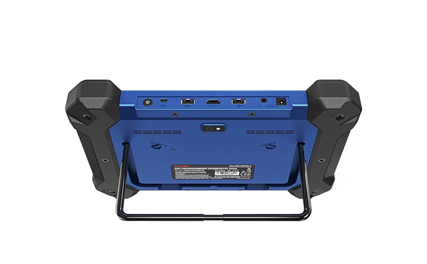 Parte trasera del escáner automotriz Autel MaxiIM IM608 PRO II mostrando puertos de conexión HDMI, USB, cámara y soporte metálico ajustable.