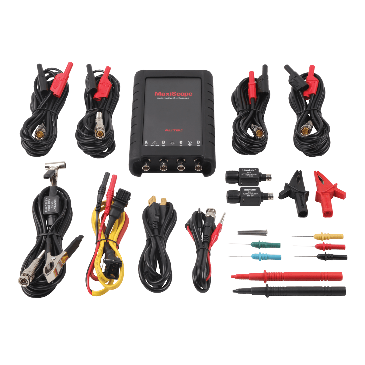 Kit completo Autel MaxiScope MP408 con cables BNC, pinzas y puntas para diagnóstico automotriz de señales eléctricas