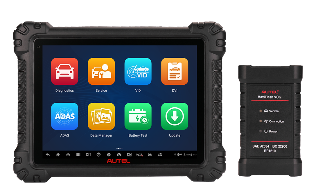 Autel MaxiSys MS909 S2 tableta de diagnóstico automotriz con pantalla táctil de 11 pulgadas y módulo MaxiFlash VCI2 compatible con protocolos DoIP, CAN-FD, RP1210 y D-PDU.