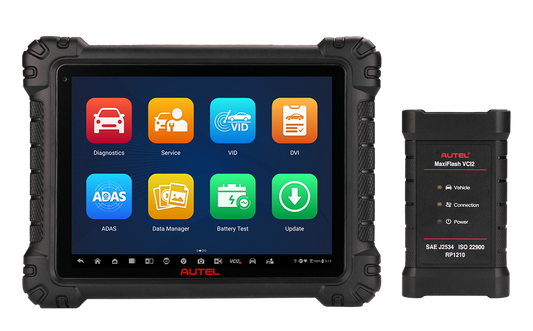 Autel MaxiSys MS909 S2 tableta de diagnóstico automotriz con pantalla táctil de 11 pulgadas y módulo MaxiFlash VCI2 compatible con protocolos DoIP, CAN-FD, RP1210 y D-PDU.