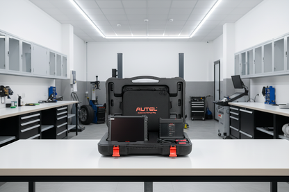 Kit Autel MaxiSys MS919S2 en maleta abierta dentro de taller con tablet 11” y MaxiFlash VCMI2 para diagnóstico, programación y medición