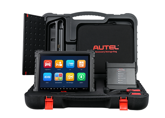 Kit completo Autel MaxiSys Ultra S2 con tablet de diagnóstico, interfaz VCMI2 y accesorios organizados en maletín profesional.