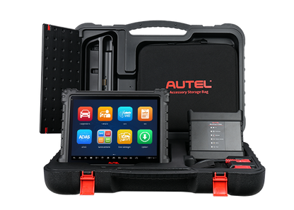 Kit completo Autel MaxiSys Ultra S2 con tablet de diagnóstico, interfaz VCMI2 y accesorios organizados en maletín profesional.