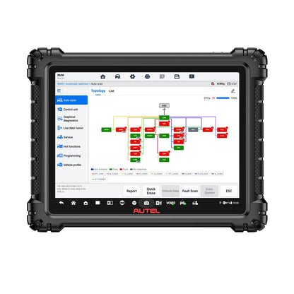 Autel MaxiSys Ultra S2 mostrando análisis de topología de red 3.0 en pantalla, con módulos codificados por color para diagnóstico rápido.