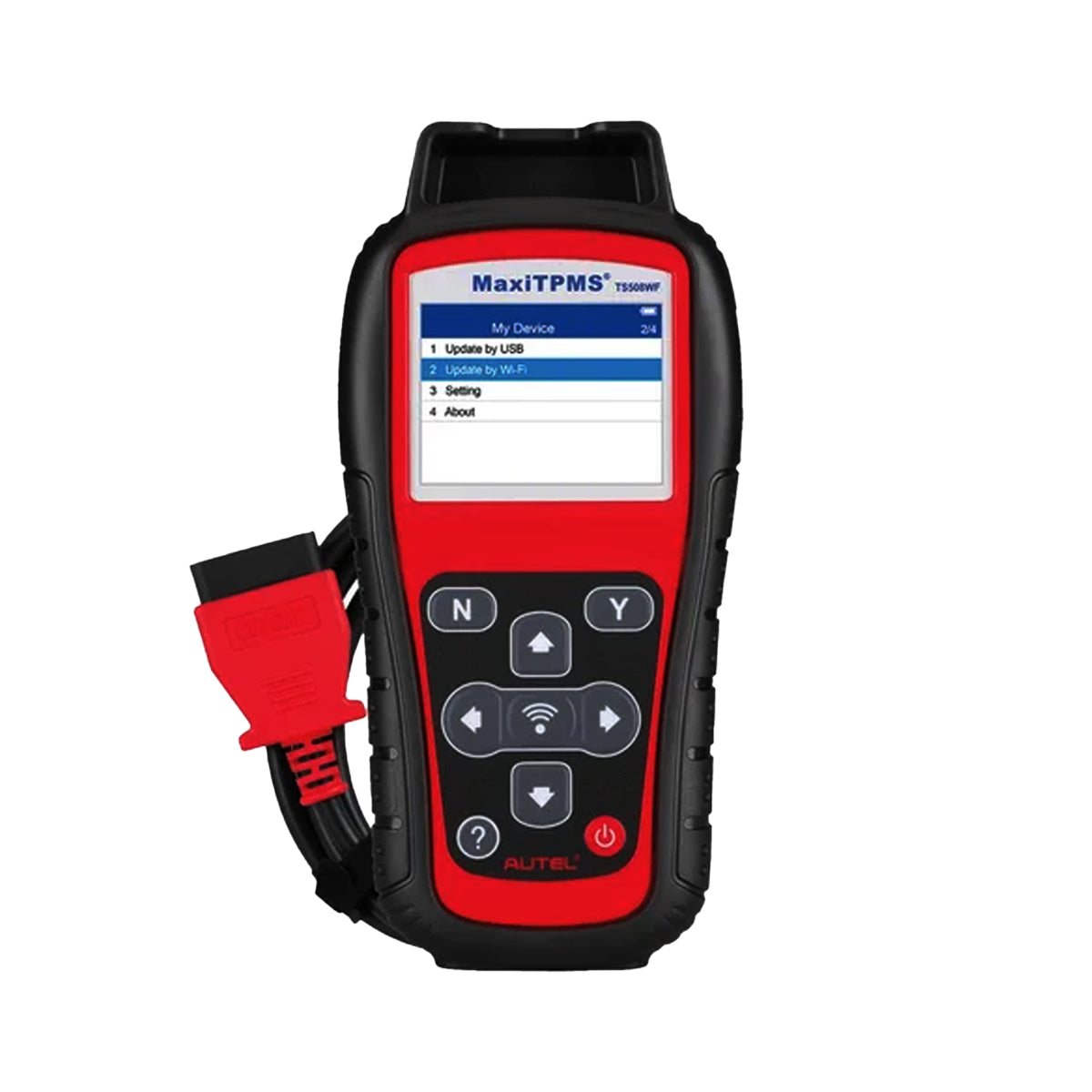 Escáner automotriz Autel MaxiTPMS TS508WF conectado vía OBDII, diagnóstico avanzado de sistemas TPMS con lectura de presión, temperatura, ID y estado de batería de sensores.