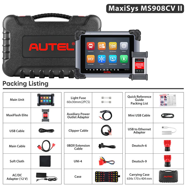 Contenido completo del paquete del Autel MaxiSYS MS908 CV II, incluyendo tablet principal, MaxiFlash Elite J2534, cables OBDII, adaptadores Deutsch, cargador, manuales y maletín de transporte.