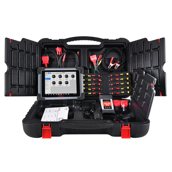 Kit completo del Autel MaxiSYS MS908 CV II en maletín de transporte, incluyendo tablet, módulo J2534 ECU, cables de diagnóstico, conectores y accesorios originales.