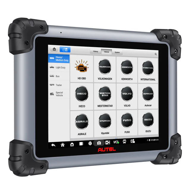 Pantalla del Autel MaxiSYS MS908 CV II mostrando lista de marcas de camiones, buses y vehículos diésel como Kenworth, Volvo, Isuzu, International, Iveco y más.