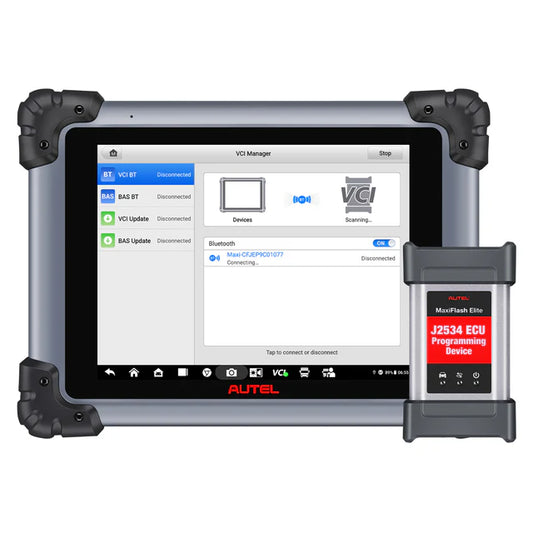 Pantalla del Autel MaxiSYS MS908 CV II con gestor VCI activo, mostrando opciones de conexión Bluetooth y el módulo J2534 ECU MaxiFlash Elite conectado.