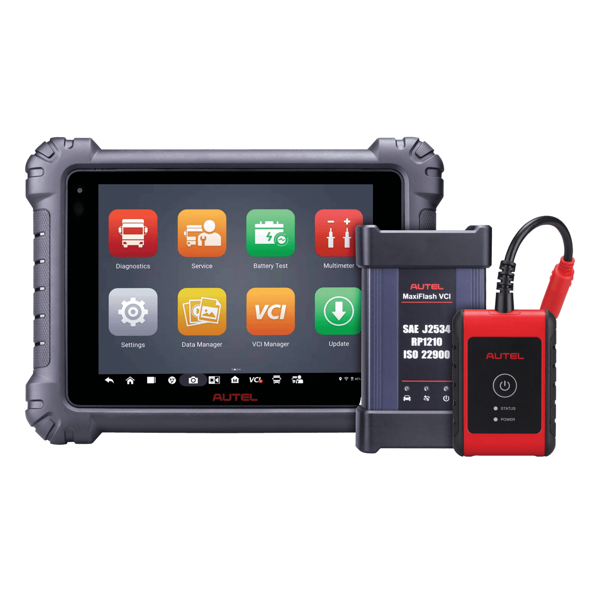 Escáner automotriz Autel MaxiSYS MS909 CV con tableta de diagnóstico Android, interfaz MaxiFlash VCI y accesorios incluidos para vehículos comerciales y diésel.