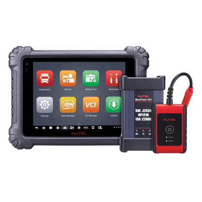 Escáner automotriz Autel MaxiSYS MS909 CV con tableta de diagnóstico Android, interfaz MaxiFlash VCI y accesorios incluidos para vehículos comerciales y diésel.